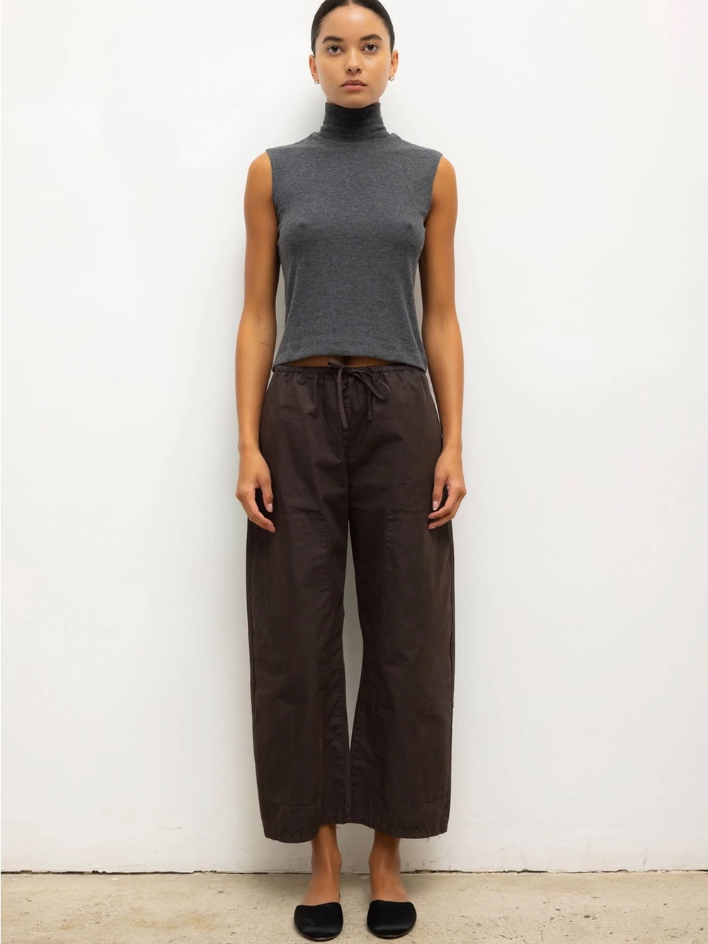 LESET Wide-Leg Drawstring Pants in Brown